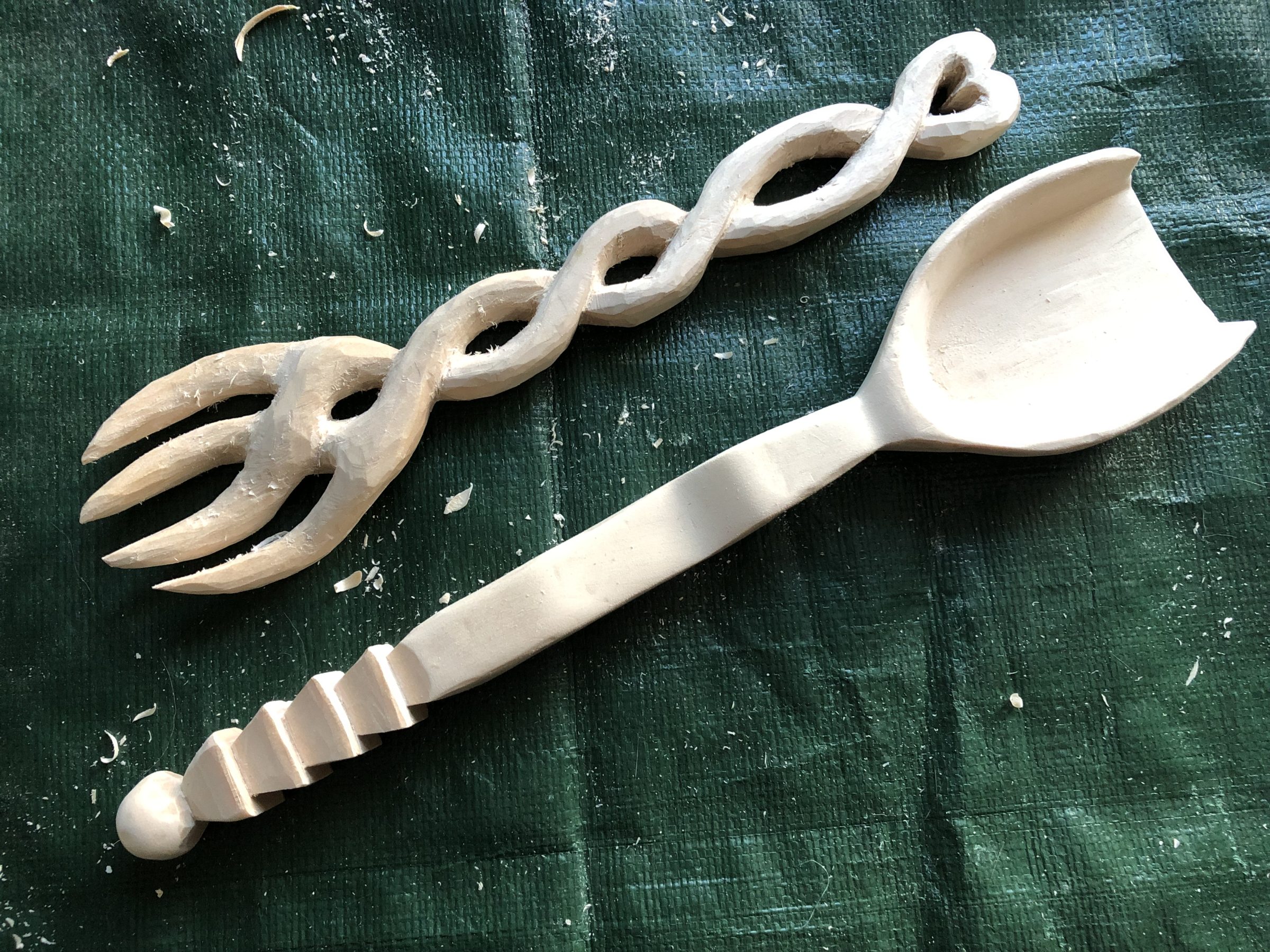 Handcarved wooden fork and scoop spoon