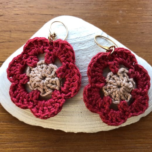 Hand Crocheted Red and Tan "Flower" Earrings