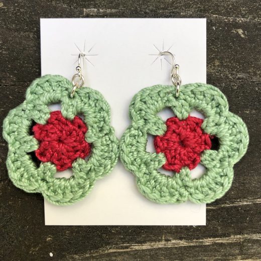 Crocheted Earrings Green and Red Flower Wreath